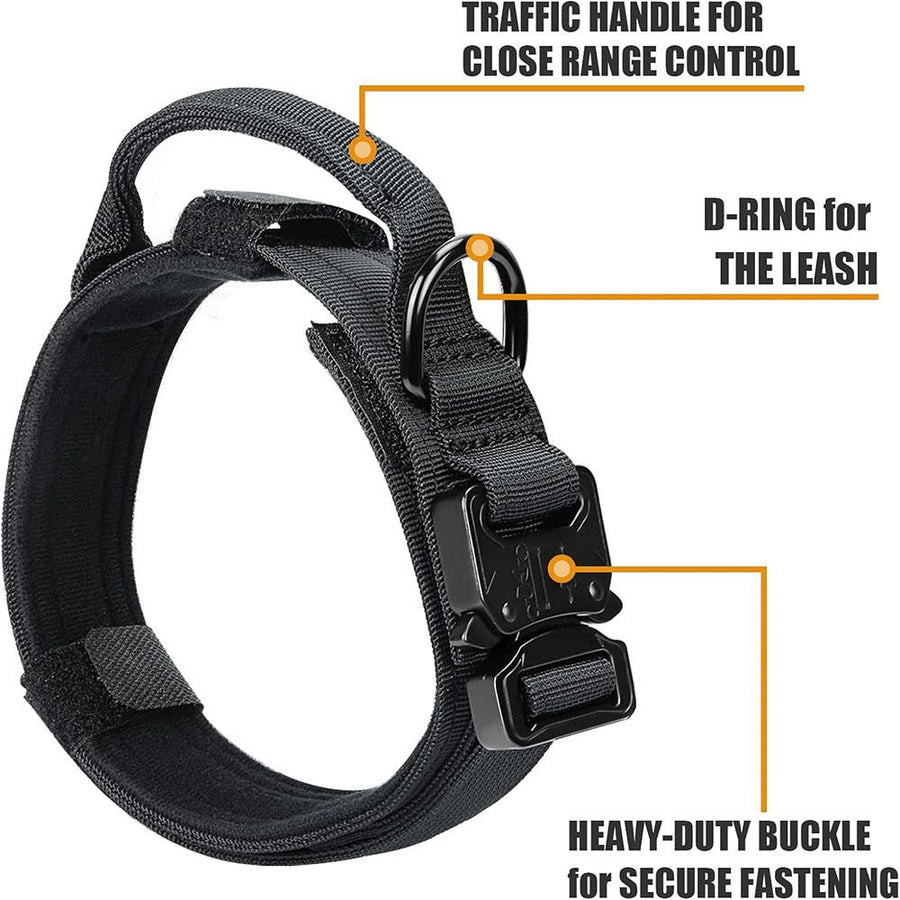 Tactical Dog Collar & Leash Set - Heavy Duty Training Collar with Matching Leash for Large Dogs - Adjustable Nylon Walking Set - Black Size L