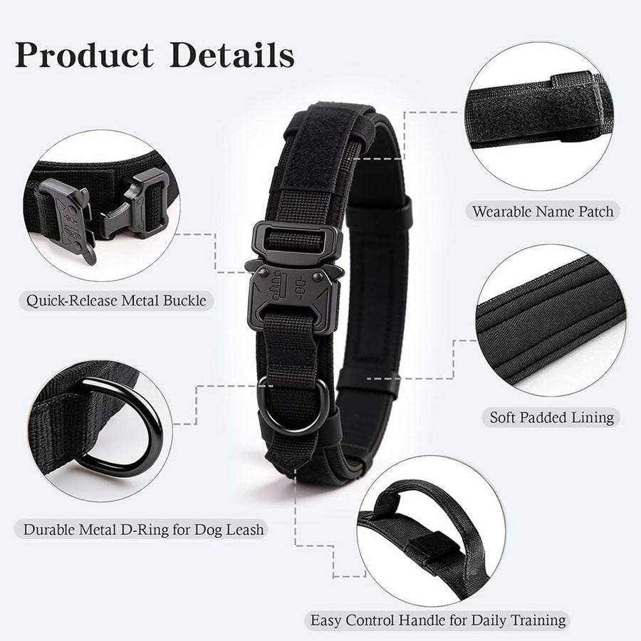 Tactical Dog Collar & Leash Set - Heavy Duty Training Collar with Matching Leash for Large Dogs - Adjustable Nylon Walking Set - Black Size L