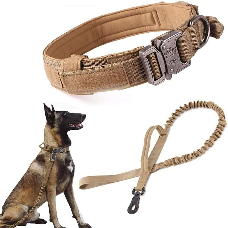 Tactical Dog Collar & Leash Set - Heavy Duty Training Collar with Matching Leash for Large Dogs - Adjustable Nylon Walking Set - Khaki Size M