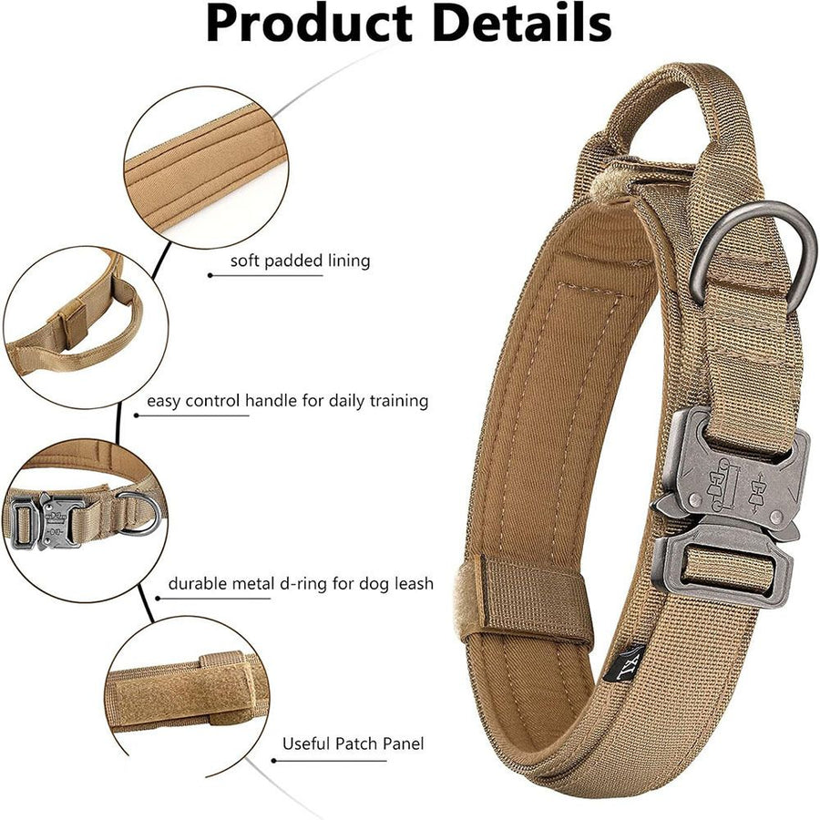 Tactical Dog Collar & Leash Set - Heavy Duty Training Collar with Matching Leash for Large Dogs - Adjustable Nylon Walking Set - Khaki Size M