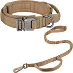 Tactical Dog Collar & Leash Set - Heavy Duty Training Collar with Matching Leash for Large Dogs - Adjustable Nylon Walking Set - Khaki Size M