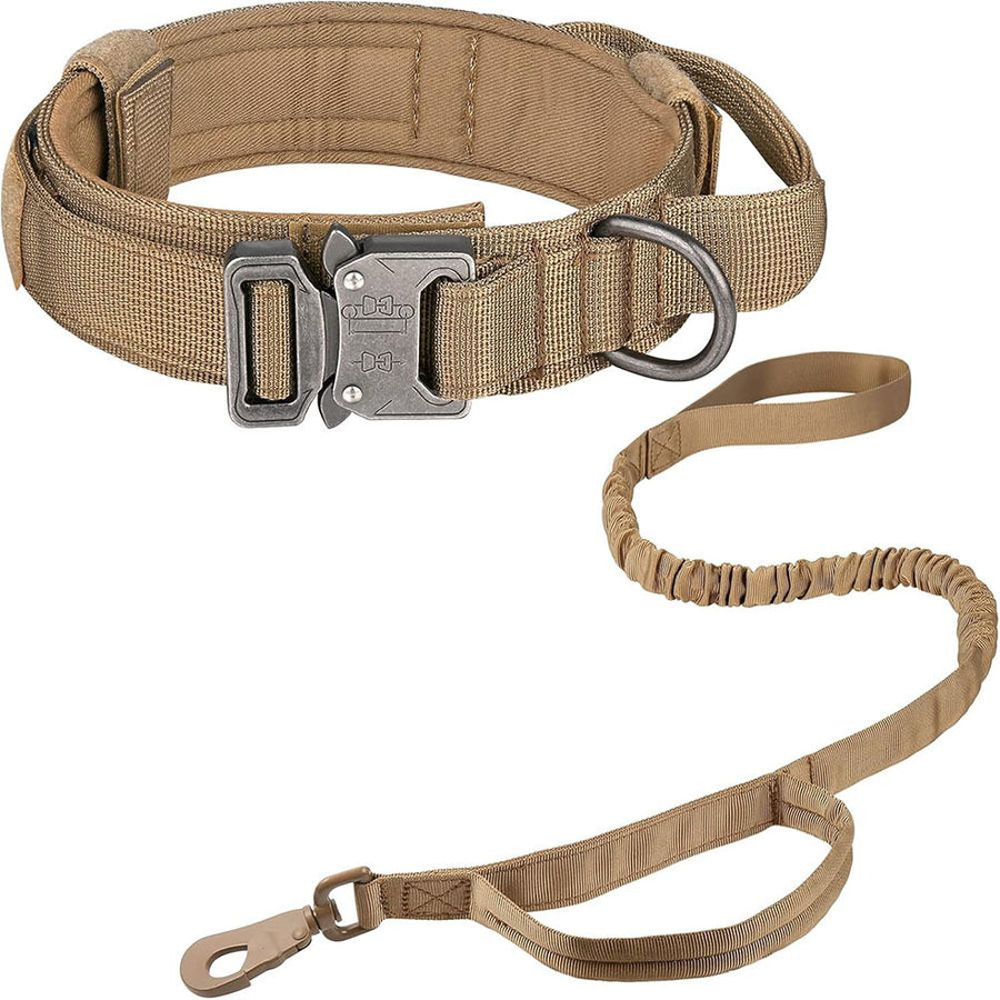 Tactical Dog Collar & Leash Set - Heavy Duty Training Collar with Matching Leash for Large Dogs - Adjustable Nylon Walking Set - Khaki Size M
