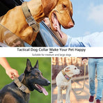 Tactical Dog Collar & Leash Set - Heavy Duty Training Collar with Matching Leash for Large Dogs - Adjustable Nylon Walking Set - Khaki Size M