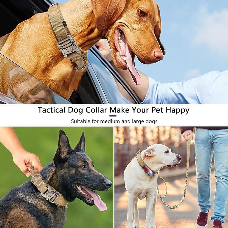 Tactical Dog Collar & Leash Set - Heavy Duty Training Collar with Matching Leash for Large Dogs - Adjustable Nylon Walking Set - Khaki Size M