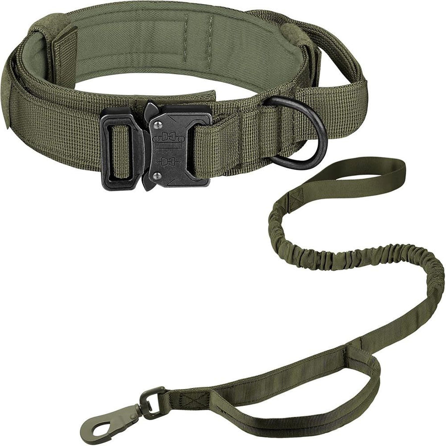 Tactical Dog Collar & Leash Set - Heavy Duty Training Collar with Matching Leash for Large Dogs - Adjustable Nylon Walking Set - Olive Size M
