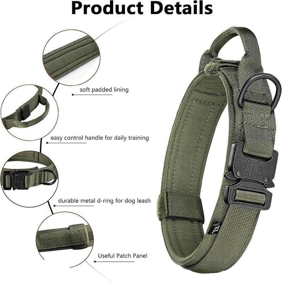Tactical Dog Collar & Leash Set - Heavy Duty Training Collar with Matching Leash for Large Dogs - Adjustable Nylon Walking Set - Olive Size M