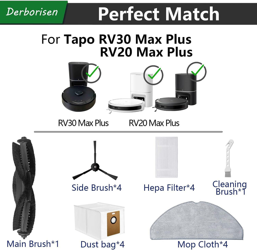 Replacement Accessory Kit Compatible with Tapo RV30 Series - 2 Side Brushes + 2 Filters + 2 Mop Pads + 4 Dust Bags - 10-Piece Set for Robot Vacuum