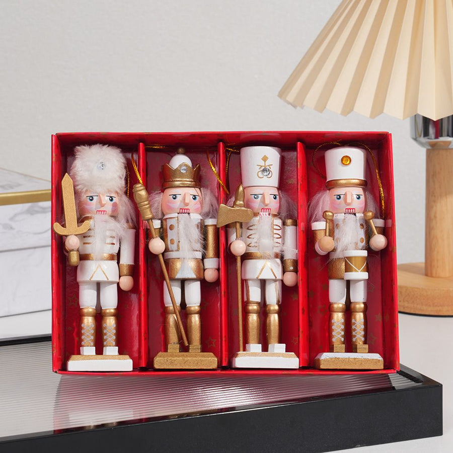 4-Piece Christmas Nutcracker Soldier Set - 12.5cm Wooden Puppet Ornaments with Gift Box - Gold 5810