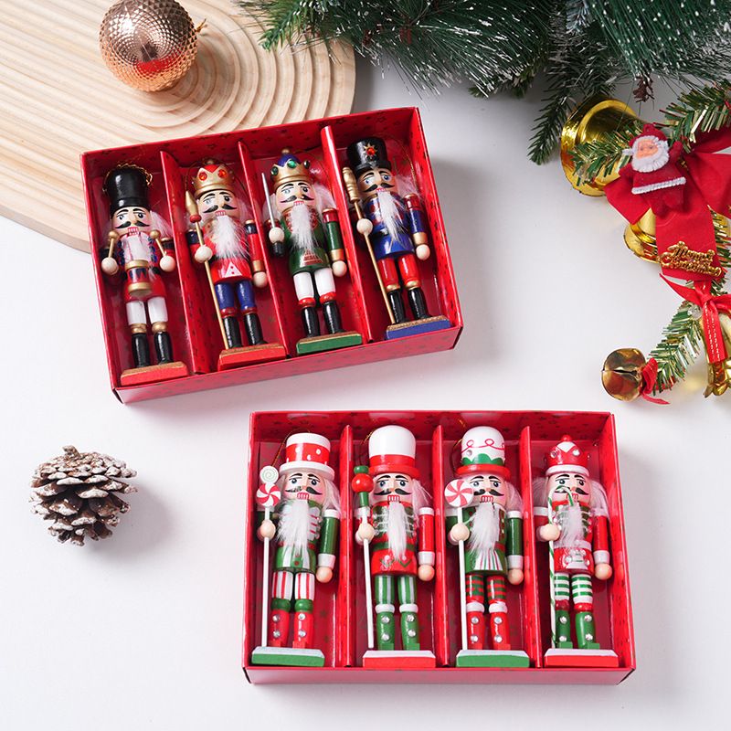 4-Piece Christmas Nutcracker Soldier Set - 12.5cm Wooden Puppet Ornaments with Gift Box - Red Green 5811