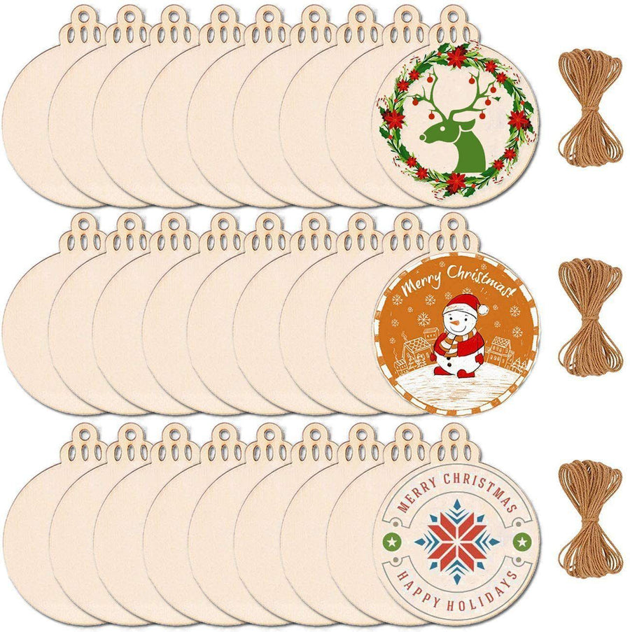 Christmas Tree Wood Slice Ornament - 100-Pack Natural Wooden Hanging Decor for Xmas Tree Holiday Party - Rustic Craft Gift with Jute Rope