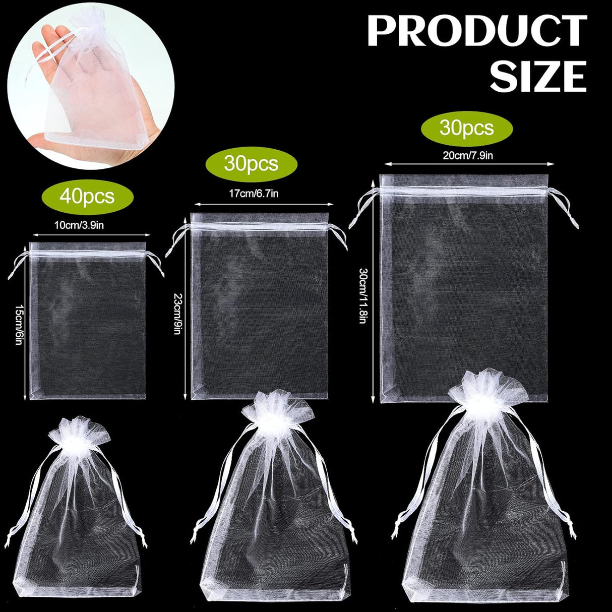 100 Pcs White Organza Bags Bulk Sheer Mesh Gift with Drawstring for Wedding Party Supplies Eid Mubarak Candy Fruit Jewelry(4 x 6 In, 7 9 8 12 In)  4 In