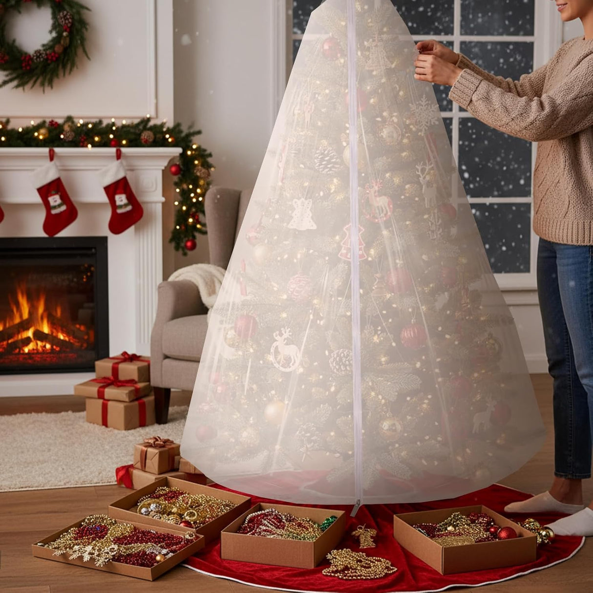 9.84 ft Upright Christmas Tree Storage Bag White Extra Large Jumbo Removal Disposal with Zipper Drawstring Waterproof Tear Proof Cover for Xmas Daily Home