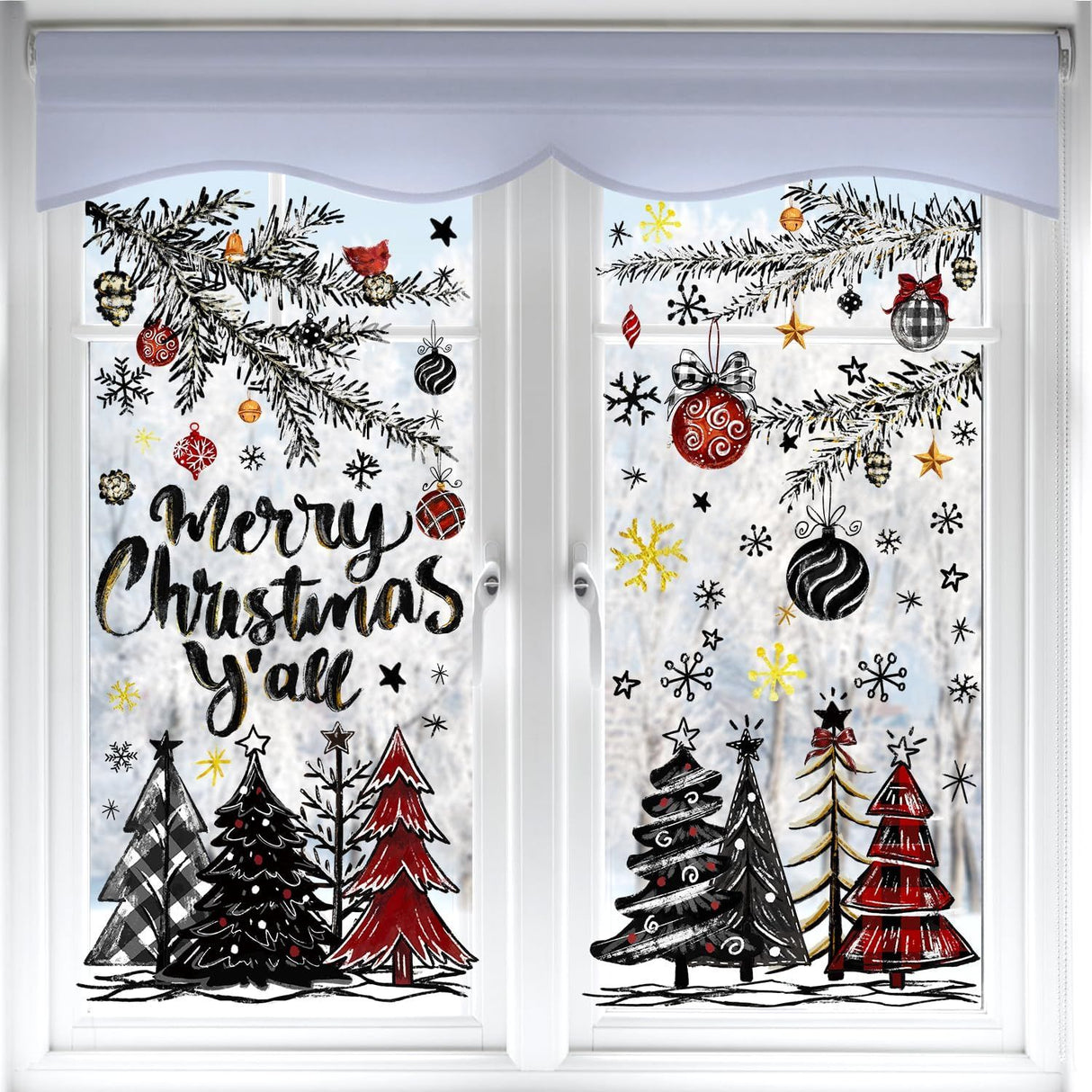 136 PCS Christmas Window Clings Stickers Winter Snowflakes Merry Christmas Tree Pine Branches Window Decals for Xmas Party Home Holiday Shop Glass Display Decoration