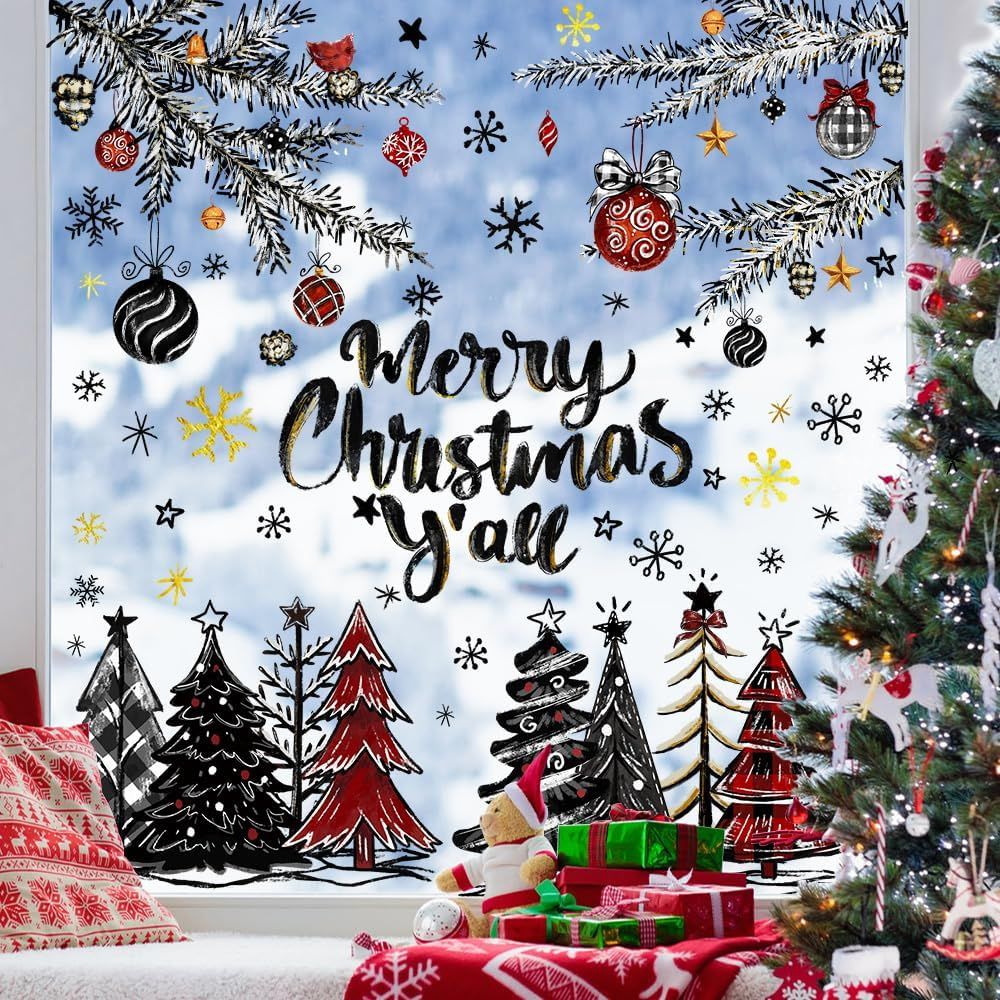 136 PCS Christmas Window Clings Stickers Winter Snowflakes Merry Christmas Tree Pine Branches Window Decals for Xmas Party Home Holiday Shop Glass Display Decoration