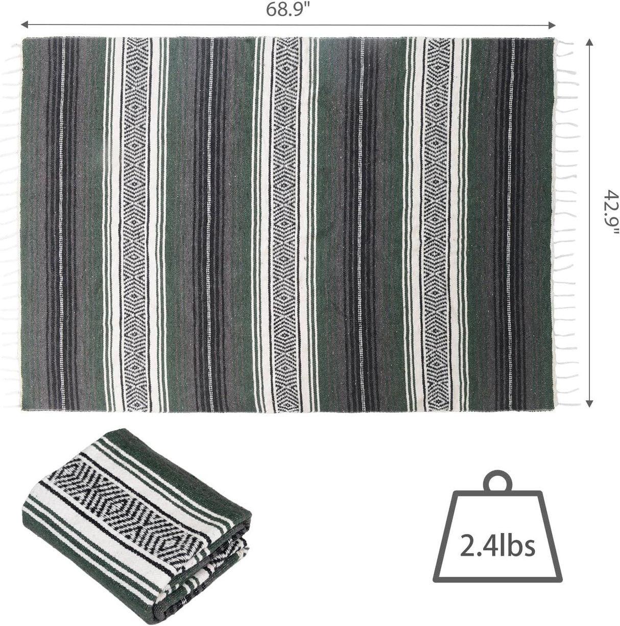 Handwoven Mexican Blanket - Lightweight Yoga, Beach, Camping & Picnic Blanket - Durable Blanket for Outdoor, Equestrian & Home Decor (Forest Green)