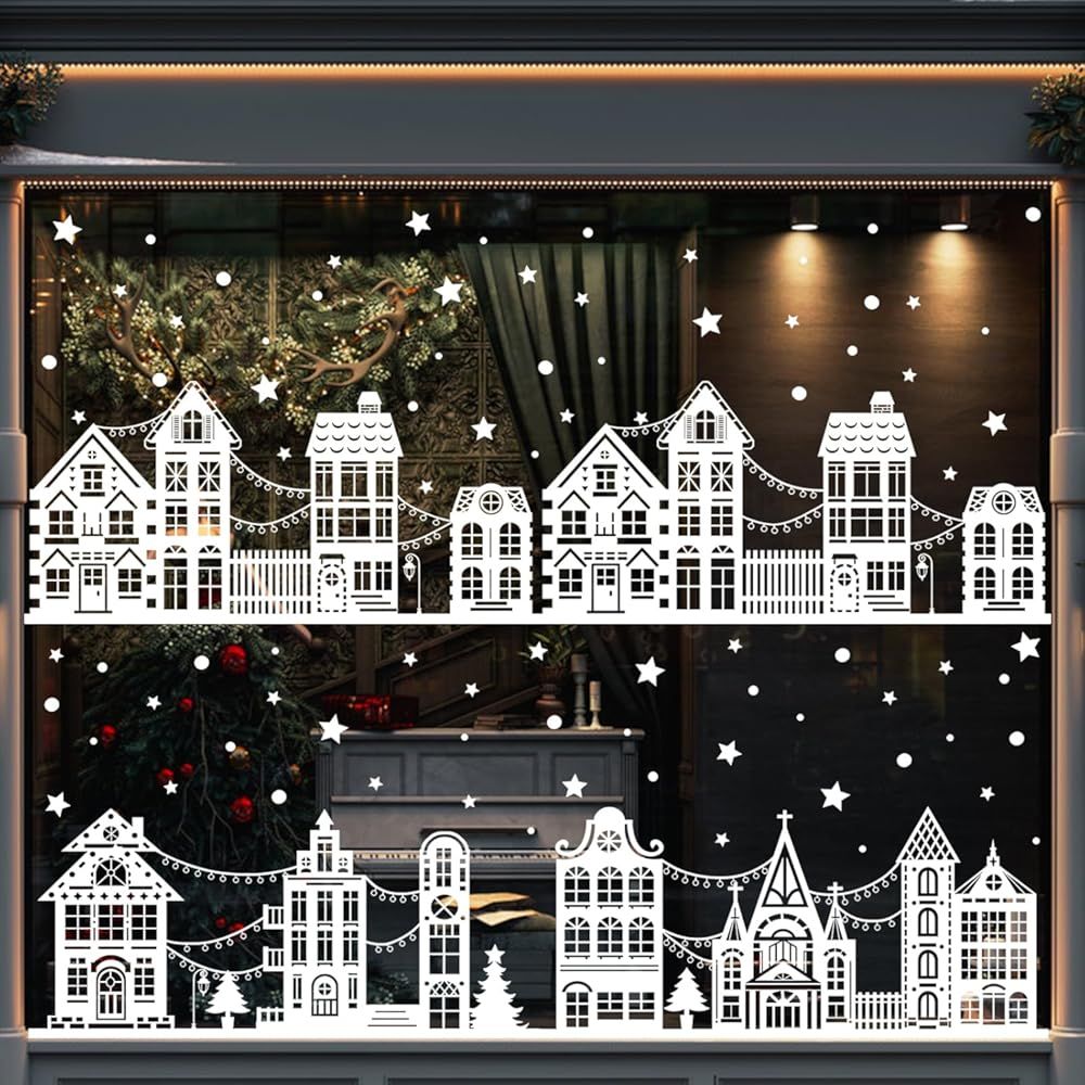 72" Christmas Window Clings,Winter House Window Decals White Simple Style Reusable Non Adhesive Street Scene Border Stickers for Home Cafe Shopping Mall Glass Door Christmas Decor