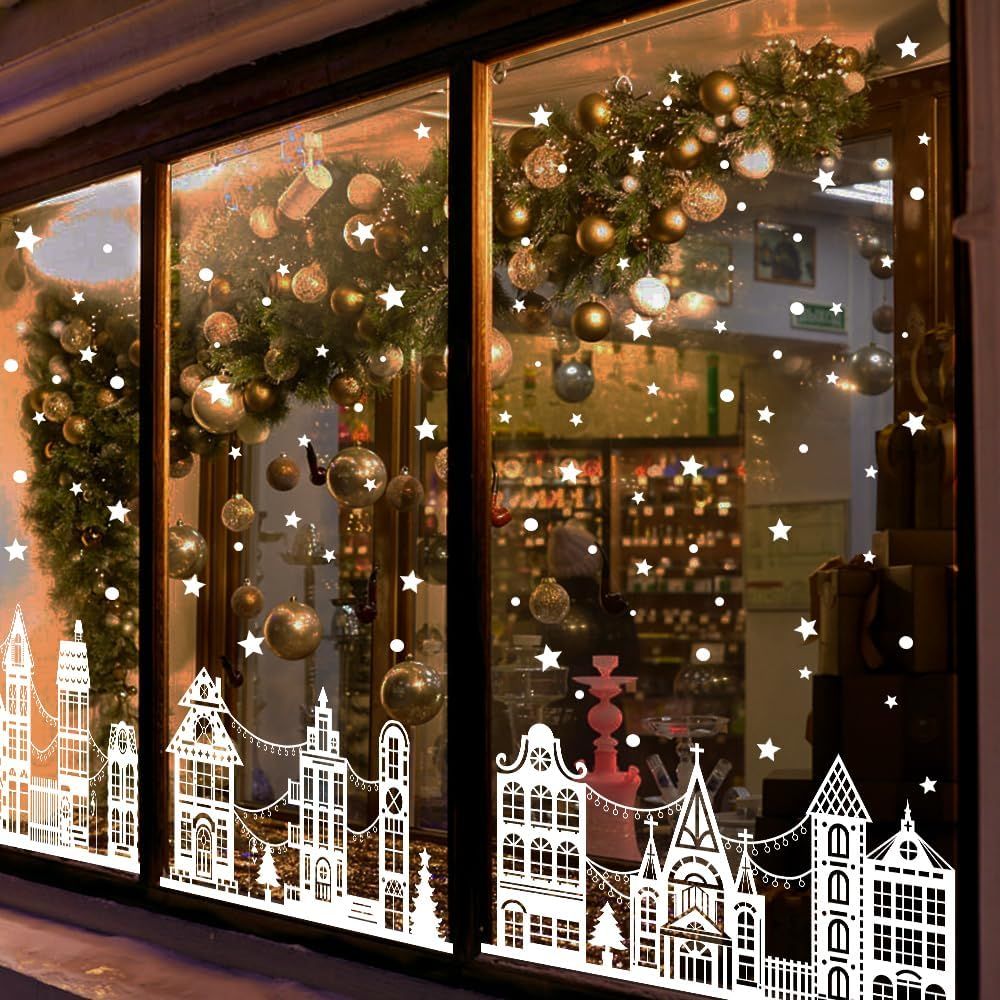 72" Christmas Window Clings,Winter House Window Decals White Simple Style Reusable Non Adhesive Street Scene Border Stickers for Home Cafe Shopping Mall Glass Door Christmas Decor
