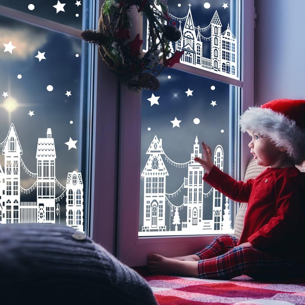 72" Christmas Window Clings,Winter House Window Decals White Simple Style Reusable Non Adhesive Street Scene Border Stickers for Home Cafe Shopping Mall Glass Door Christmas Decor