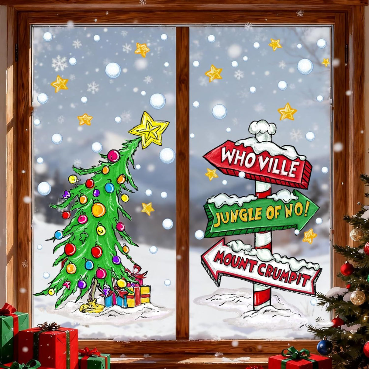 Christmas Window Clings Decorations,Extra Large Reusable Decals Rustic Curved Christmas Tree Arrow Yard Sign Stickers for Xmas Winter Holiday Home Office Party Glass Decor