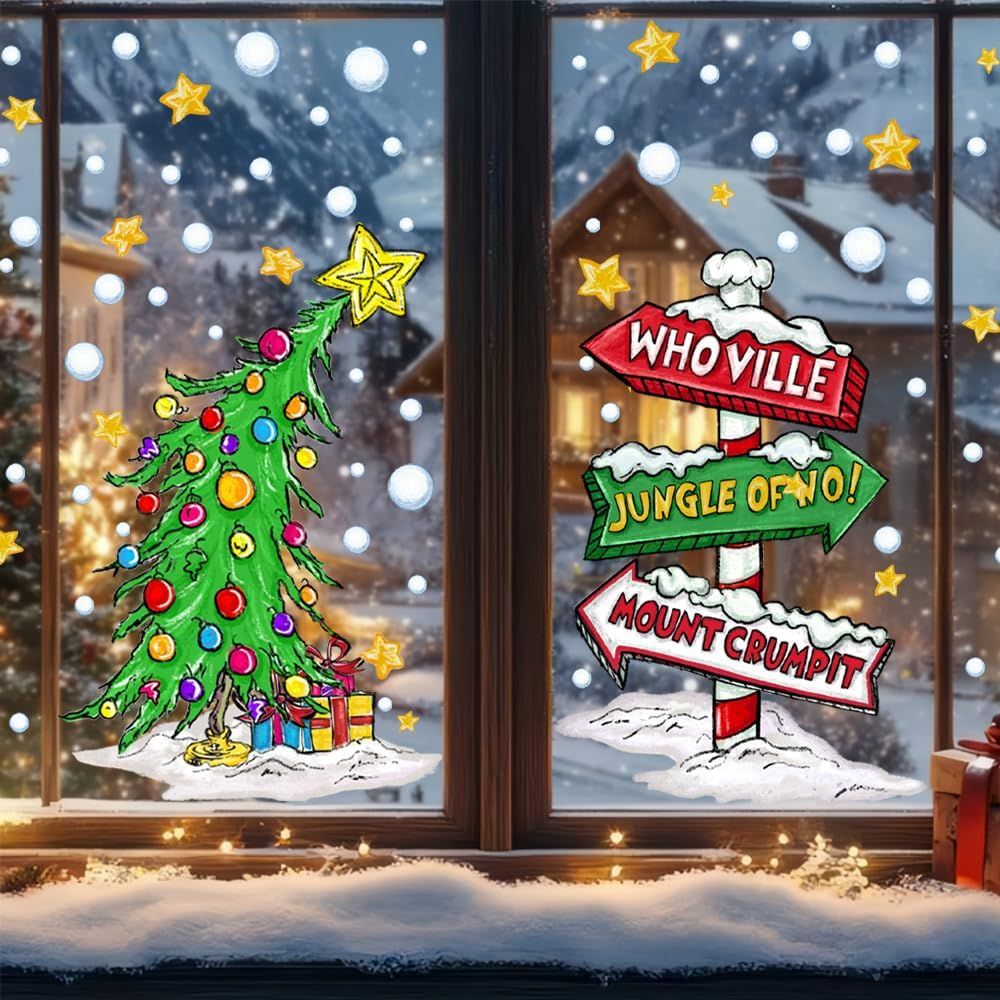 Christmas Window Clings Decorations,Extra Large Reusable Decals Rustic Curved Christmas Tree Arrow Yard Sign Stickers for Xmas Winter Holiday Home Office Party Glass Decor