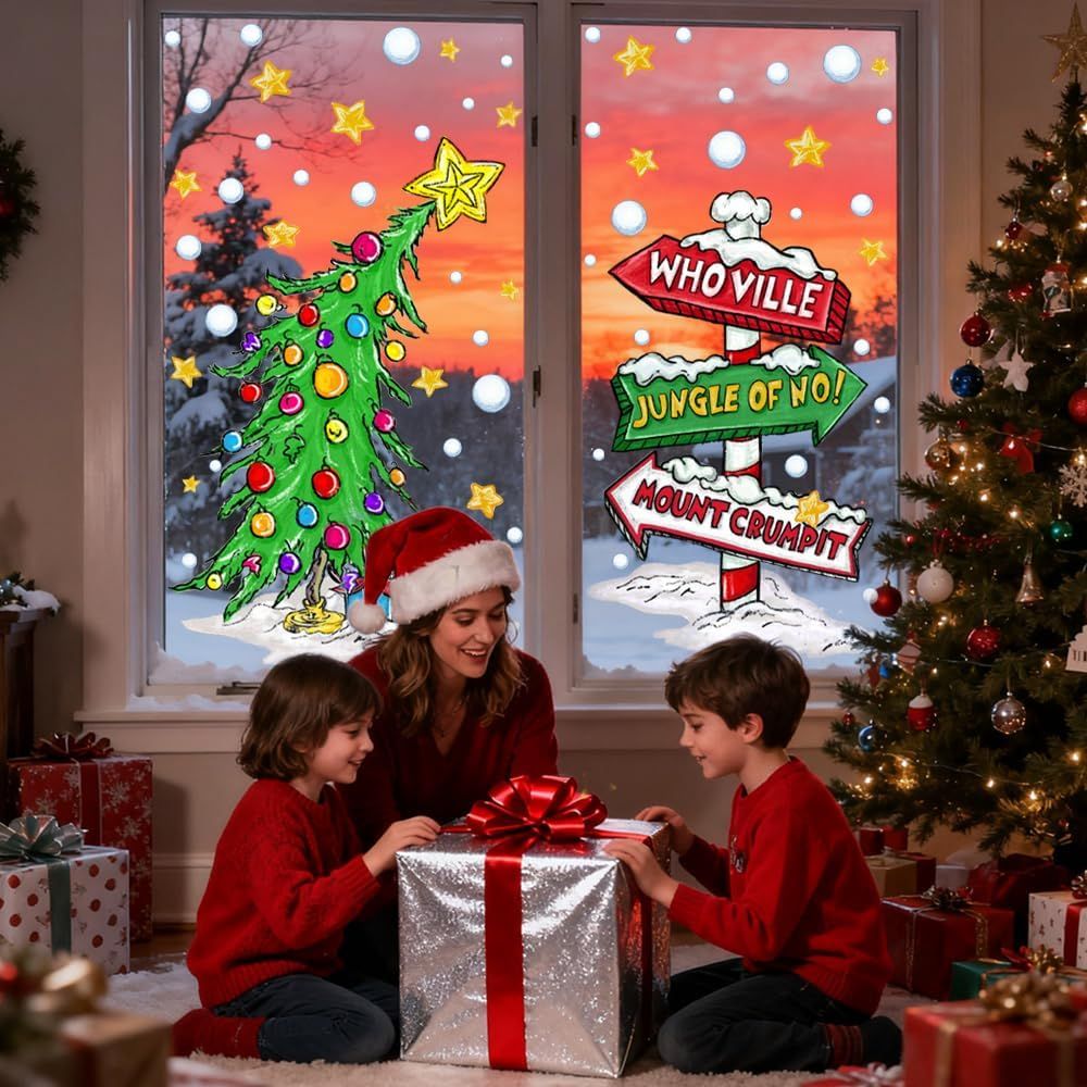 Christmas Window Clings Decorations,Extra Large Reusable Decals Rustic Curved Christmas Tree Arrow Yard Sign Stickers for Xmas Winter Holiday Home Office Party Glass Decor