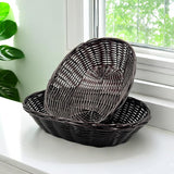 12 Pack Plastic Oval Basket, 8.6 X 6.3 X 2.1 Inch Woven Bread Baskets for Serving Small Empty Gift Baskets, Imitation Rattan Basket for Kitchen Restaurant Centerpiece Display - Dark Brown - Close-Up Angle