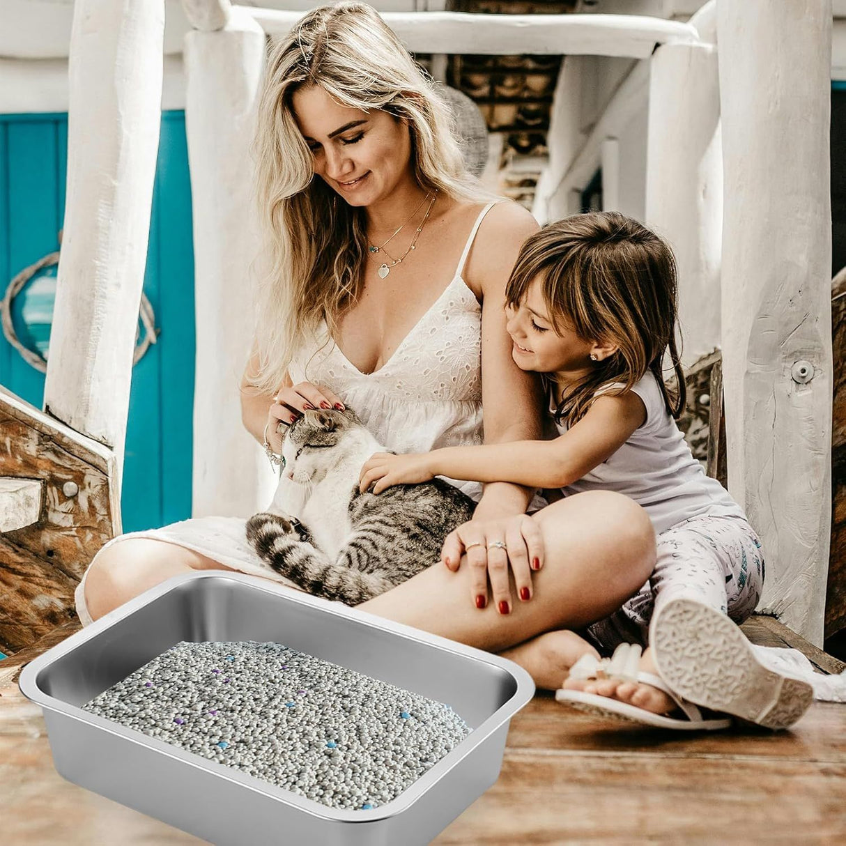 2 Pack Stainless Steel Cat Litter Box - High Side Metal Cats Toilet Large Rust Proof Litter Pan with Non Stick Smooth Surface for Cats, Kitten, Rabbits, 17.5 X 13.5 X 6 Inches