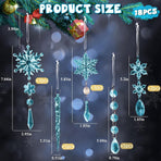 Christmas Crystal Snowflake Ornament 18-Piece Set - Hanging Acrylic Ice Snowflake Decorations for Christmas Tree - with Ribbon - Blue