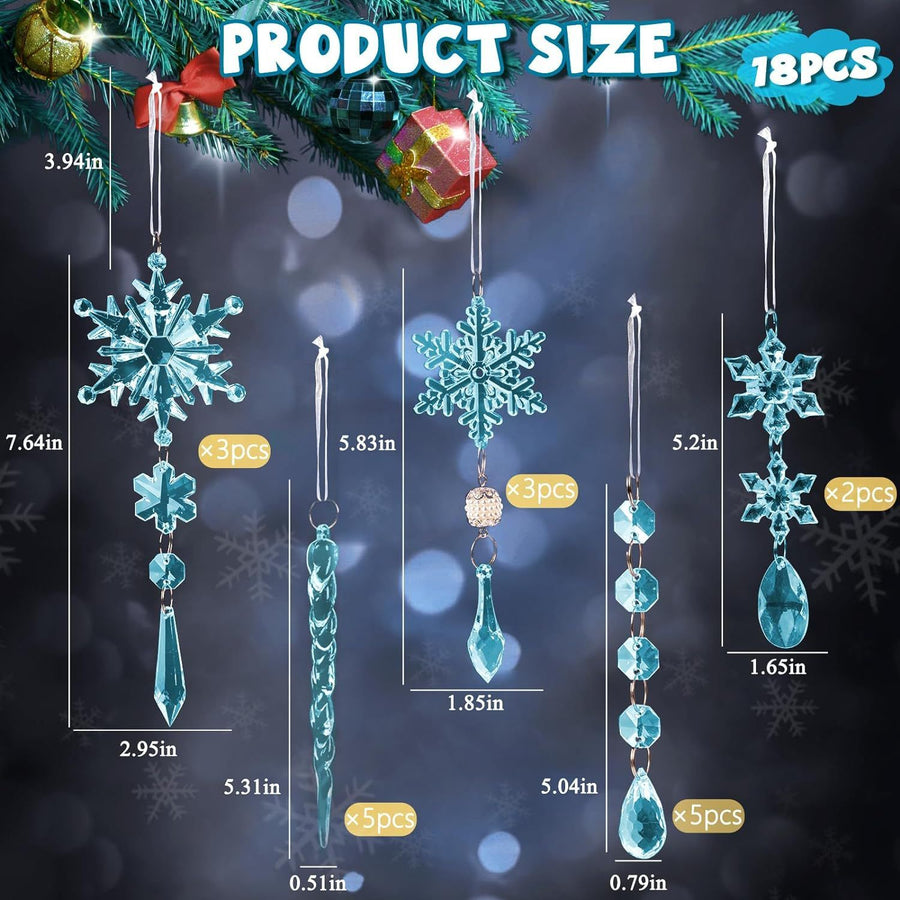 Christmas Crystal Snowflake Ornament 18-Piece Set - Hanging Acrylic Ice Snowflake Decorations for Christmas Tree - with Ribbon - Blue