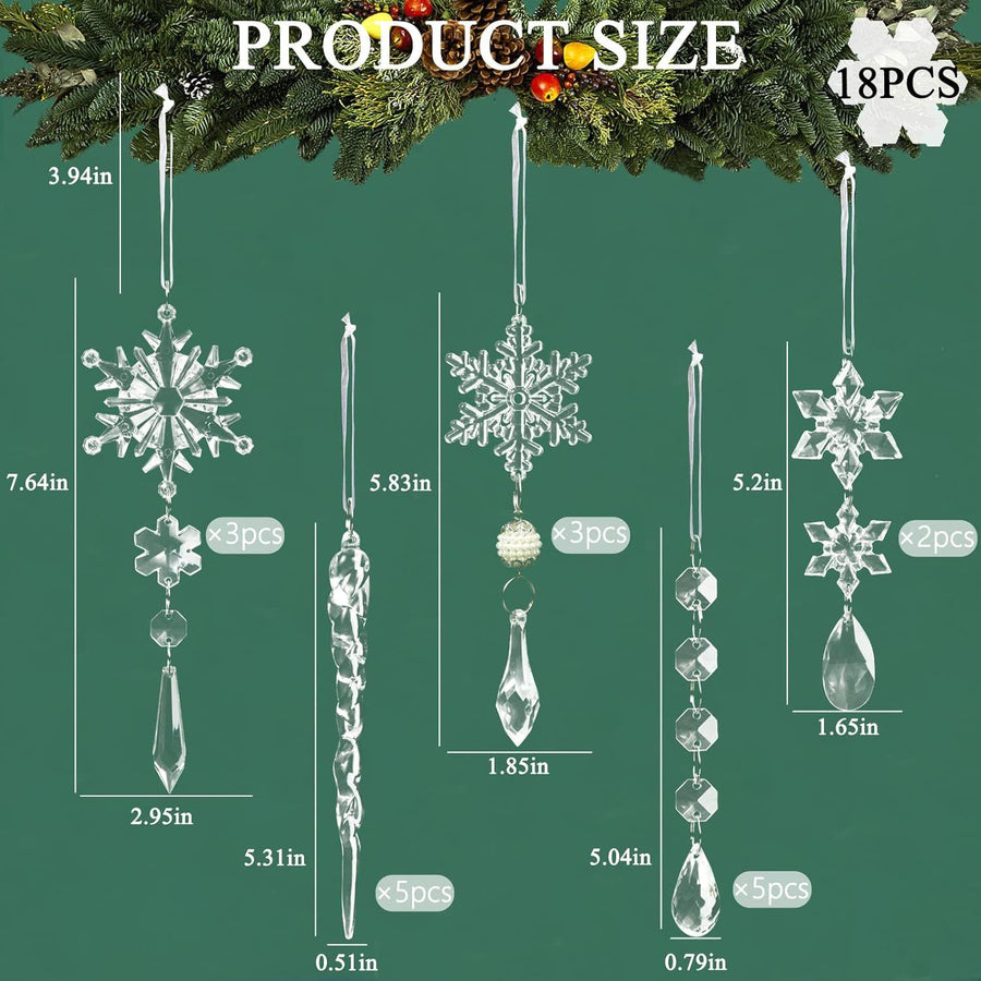 Christmas Crystal Snowflake Ornament 18-Piece Set - Hanging Acrylic Ice Snowflake Decorations for Christmas Tree - with Ribbon - Champagne
