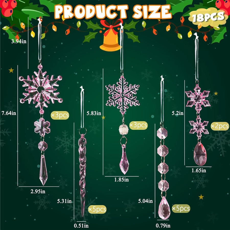 Christmas Crystal Snowflake Ornament 18-Piece Set - Hanging Acrylic Ice Snowflake Decorations for Christmas Tree - with Ribbon - Pink