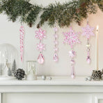Christmas Crystal Snowflake Ornament 18-Piece Set - Hanging Acrylic Ice Snowflake Decorations for Christmas Tree - with Ribbon - Pink