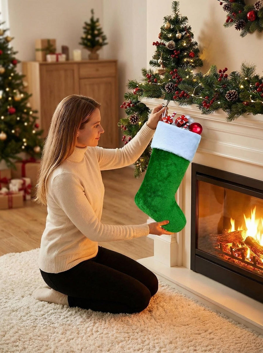 Christmas Stocking Decoration 2-Pack - Soft Plush Hanging Stocking for Fireplace Mantel Wall Door - Festive Holiday Xmas Tree Ornament Gift Bag - Purple