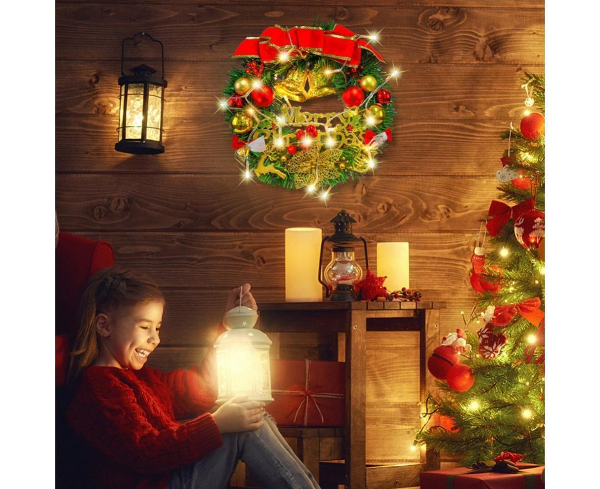 Artificial Christmas Wreath with Lights, Red Berry & Pine Cones, Battery Operated Christmas Wreaths for Front Door, Window, Christmas Decorations - 30CM