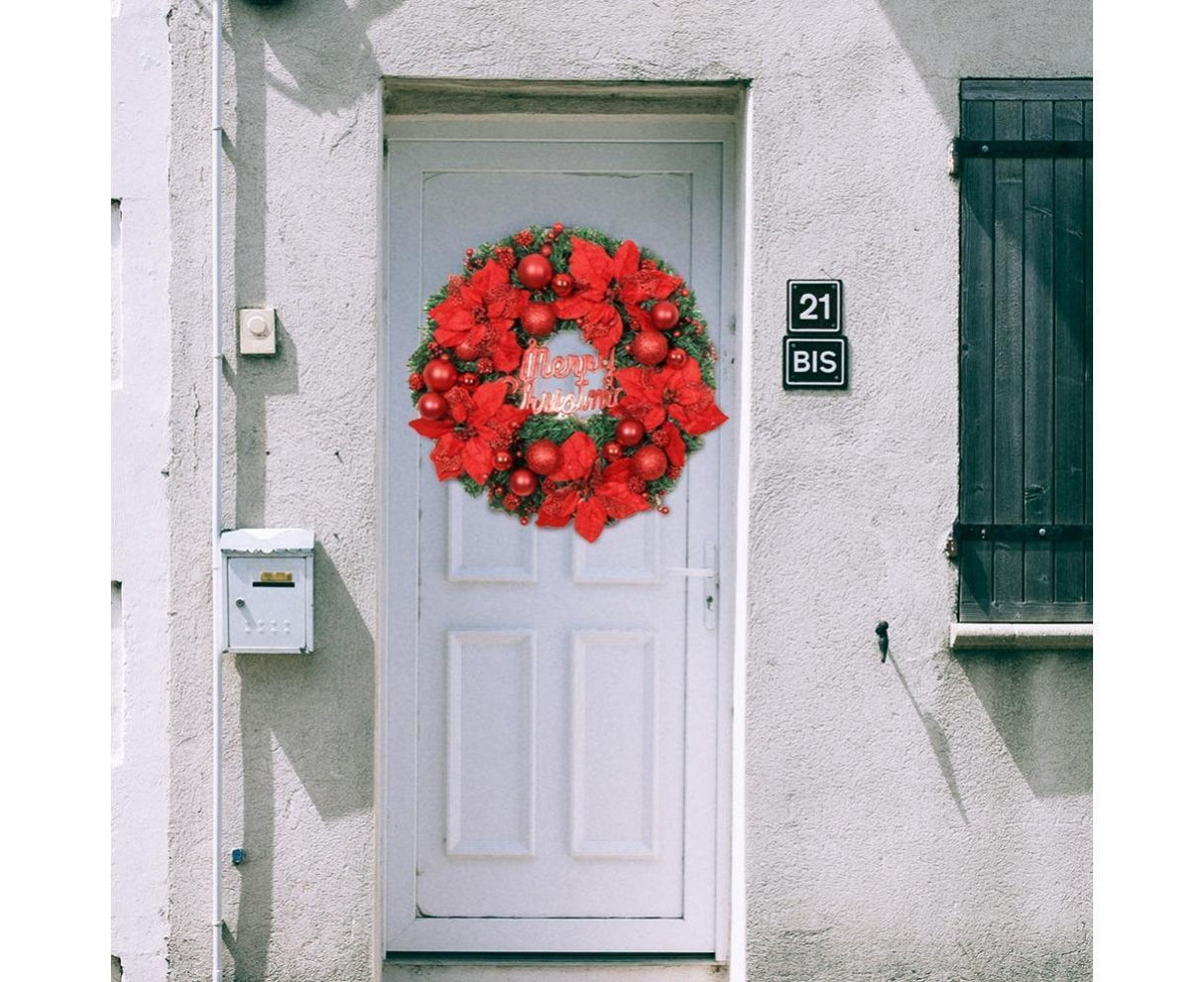 Christmas Ball Wreath Artificial Christmas Wreath Garland Decoration Home Party Decor Xmas Front Door Decorative Hanging - red - 30cm