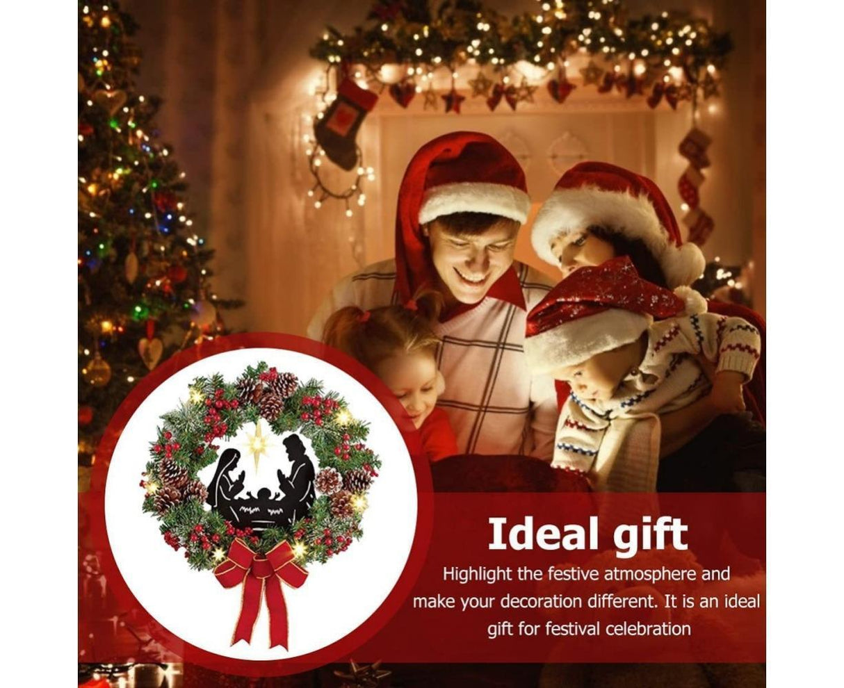 Christmas Wreath Christmas Ornament Decoration Holy Family Set Led Lights Candle Front Door Wall Christmas Hanging Sign Sacred - Red - 35*35*4cm