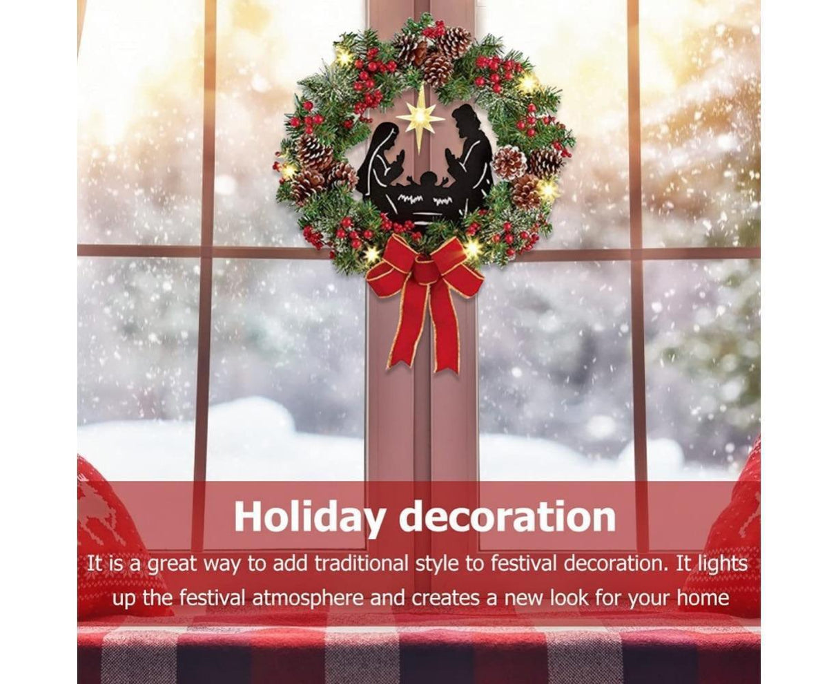 Christmas Wreath Christmas Ornament Decoration Holy Family Set Led Lights Candle Front Door Wall Christmas Hanging Sign Sacred - Red - 35*35*4cm
