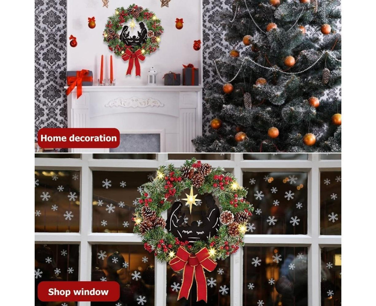 Christmas Wreath Christmas Ornament Decoration Holy Family Set Led Lights Candle Front Door Wall Christmas Hanging Sign Sacred - Red - 35*35*4cm