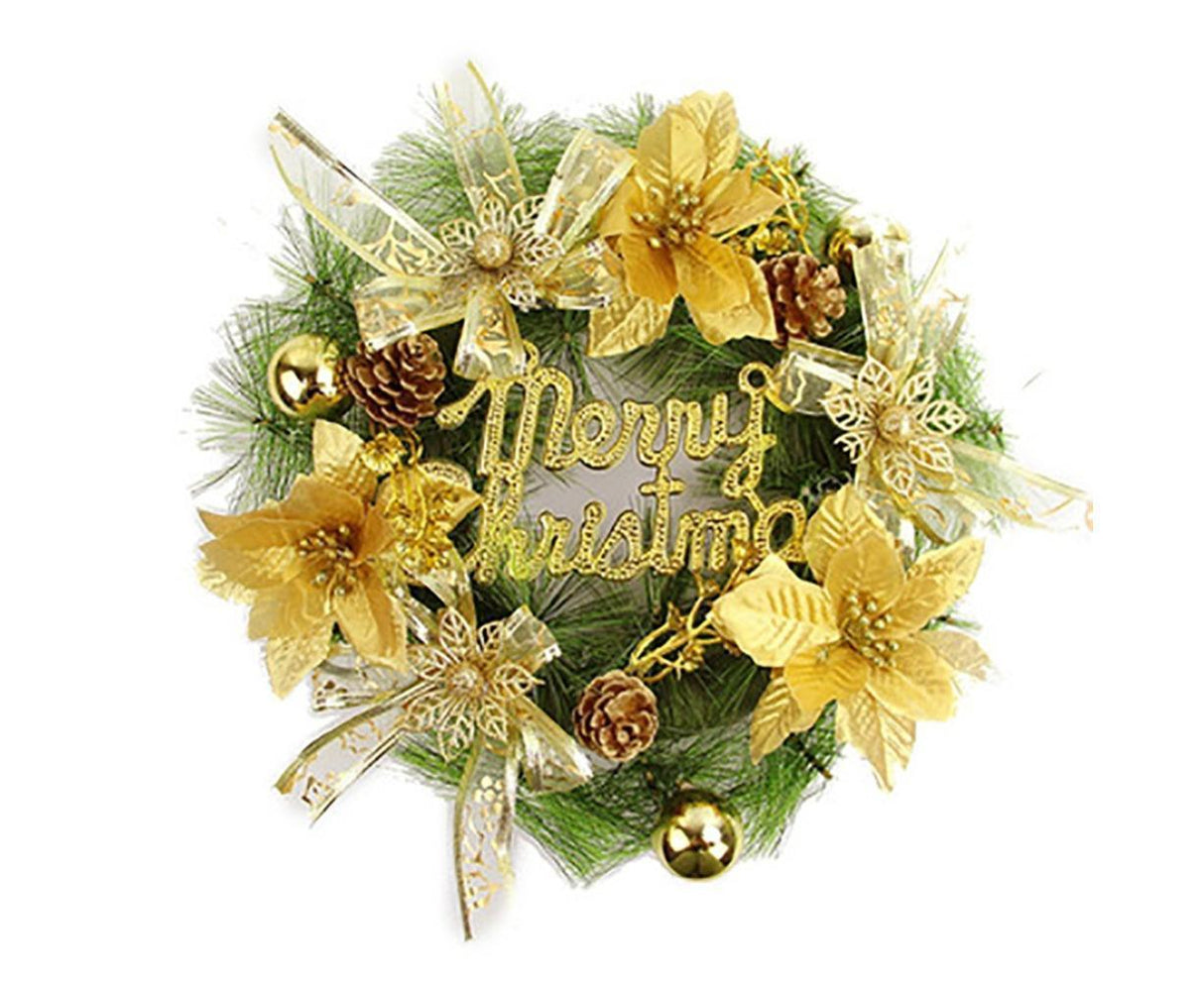 Christmas Wreaths for Front Door, Artificial Christmas Door Wreath with Christmas Ball Bow, Christmas Decorations - Gold - 30cm