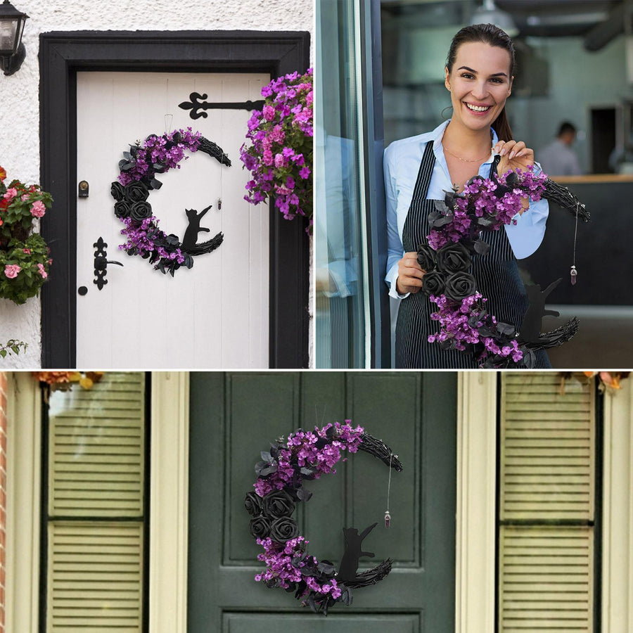 2pcs Halloween Moon Cat Garland with Rose, Black Cat Moon Wreath, Halloween Outdoor Decorations Variant Colour Value Multi