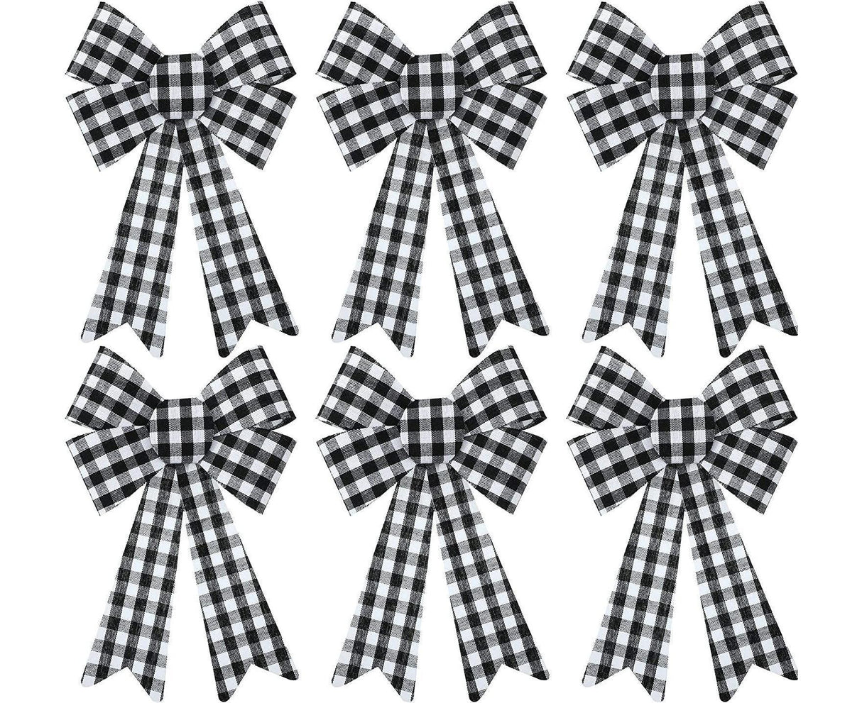6 Pieces Large Christmas Wreath Bow Plaid Christmas Bow PVC Plastic Xmas Plaid Check Wrapping Bow for Christmas Indoor Outdoor Decorations - Black and White