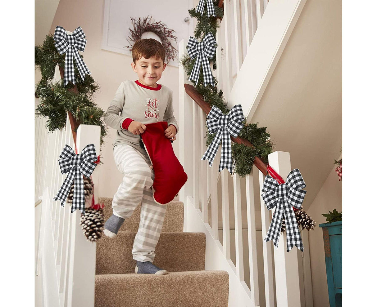 6 Pieces Large Christmas Wreath Bow Plaid Christmas Bow PVC Plastic Xmas Plaid Check Wrapping Bow for Christmas Indoor Outdoor Decorations - Black and White