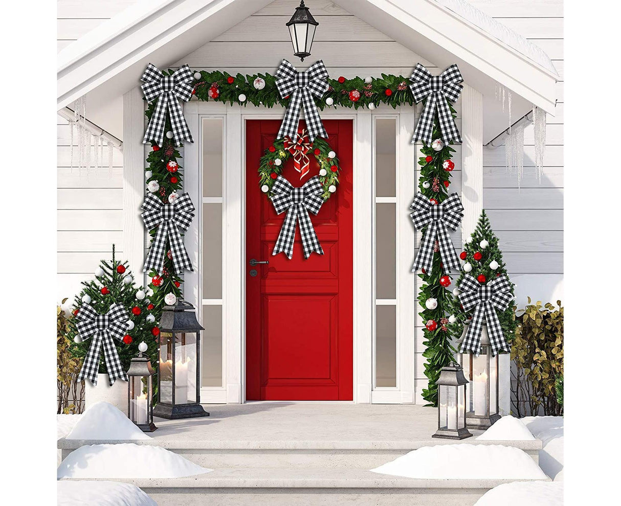 6 Pieces Large Christmas Wreath Bow Plaid Christmas Bow PVC Plastic Xmas Plaid Check Wrapping Bow for Christmas Indoor Outdoor Decorations - Black and White