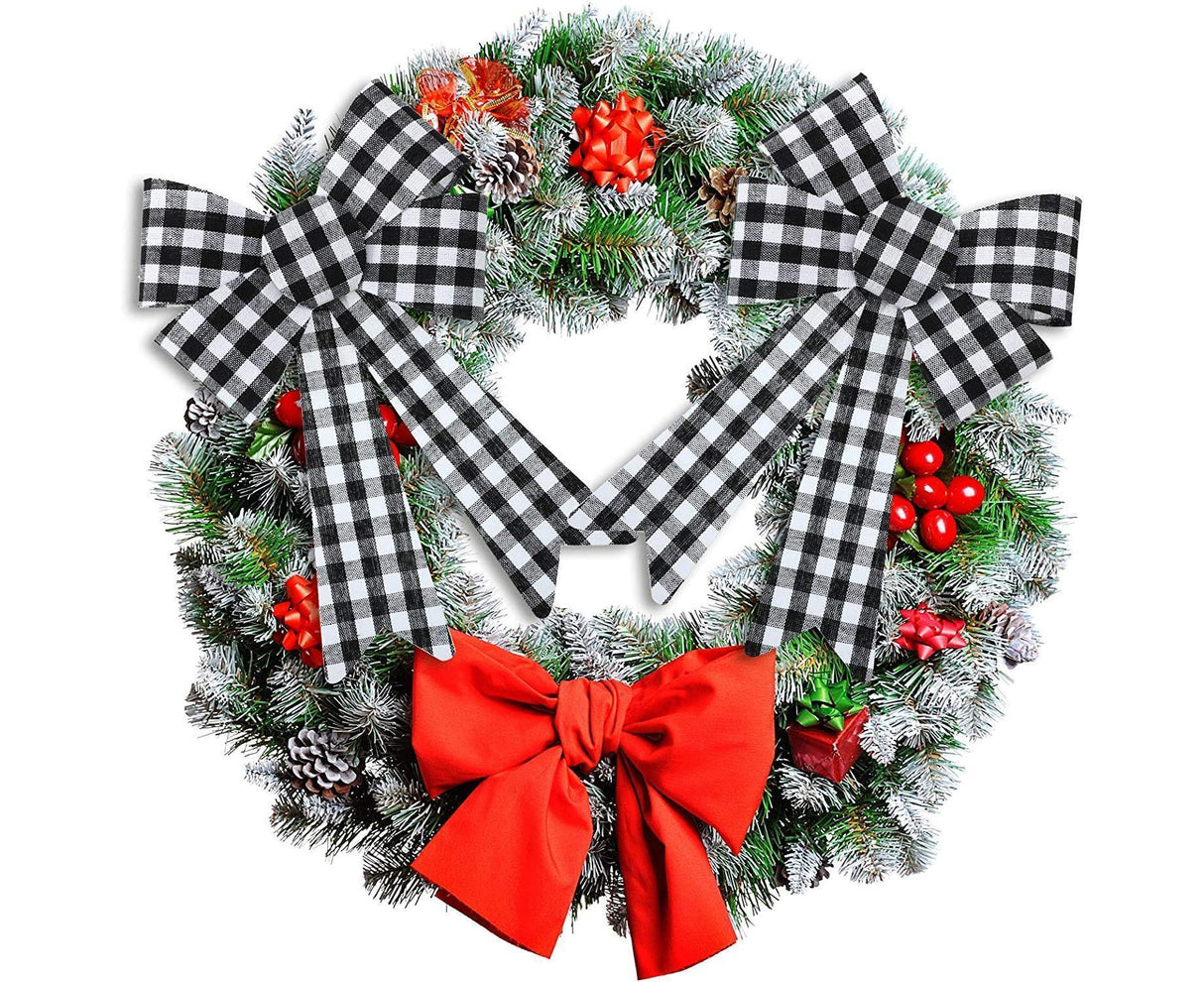6 Pieces Large Christmas Wreath Bow Plaid Christmas Bow PVC Plastic Xmas Plaid Check Wrapping Bow for Christmas Indoor Outdoor Decorations - Black and White