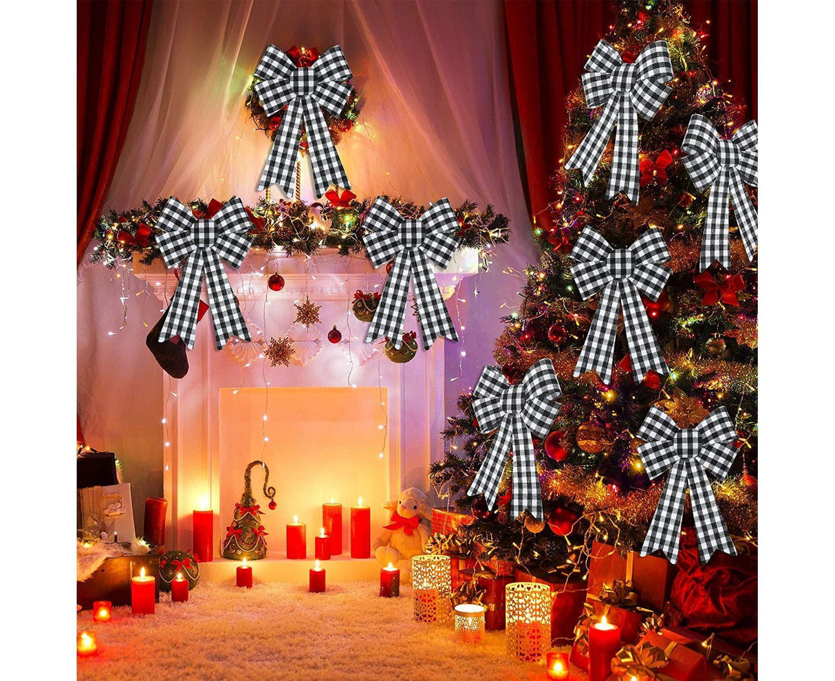 6 Pieces Large Christmas Wreath Bow Plaid Christmas Bow PVC Plastic Xmas Plaid Check Wrapping Bow for Christmas Indoor Outdoor Decorations - Black and White