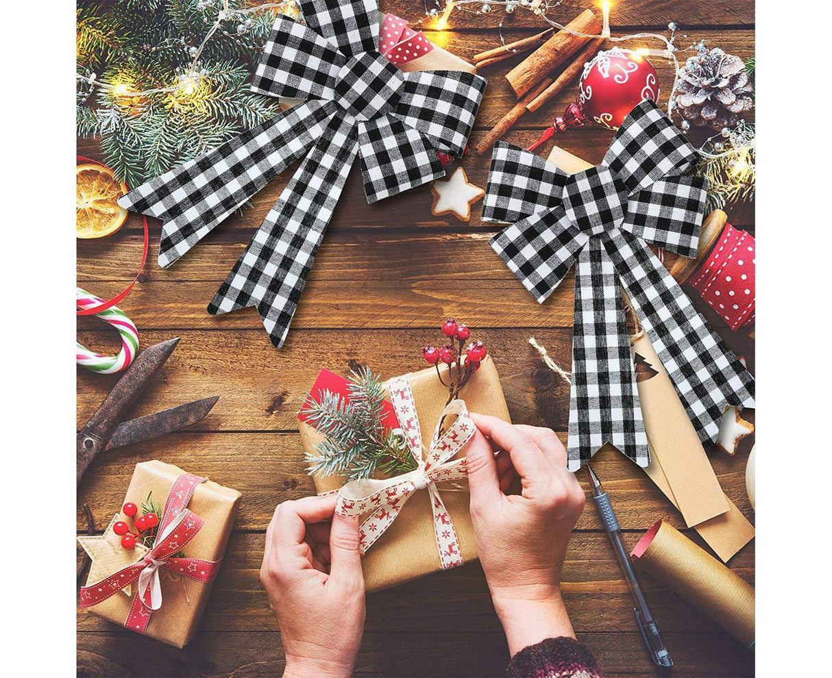 6 Pieces Large Christmas Wreath Bow Plaid Christmas Bow PVC Plastic Xmas Plaid Check Wrapping Bow for Christmas Indoor Outdoor Decorations - Black and White