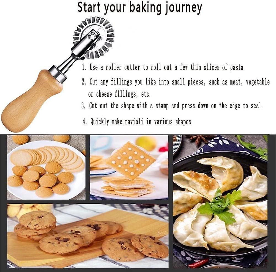 Ravioli Cutter Stamps with Roller Wheel Round Mold with Wooden Handle and Fluted Edge Pasta Press