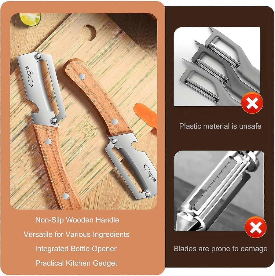 Stainless Steel Vegetable Peeler with Wooden Handle - Sharp Blade & Bottle Opener