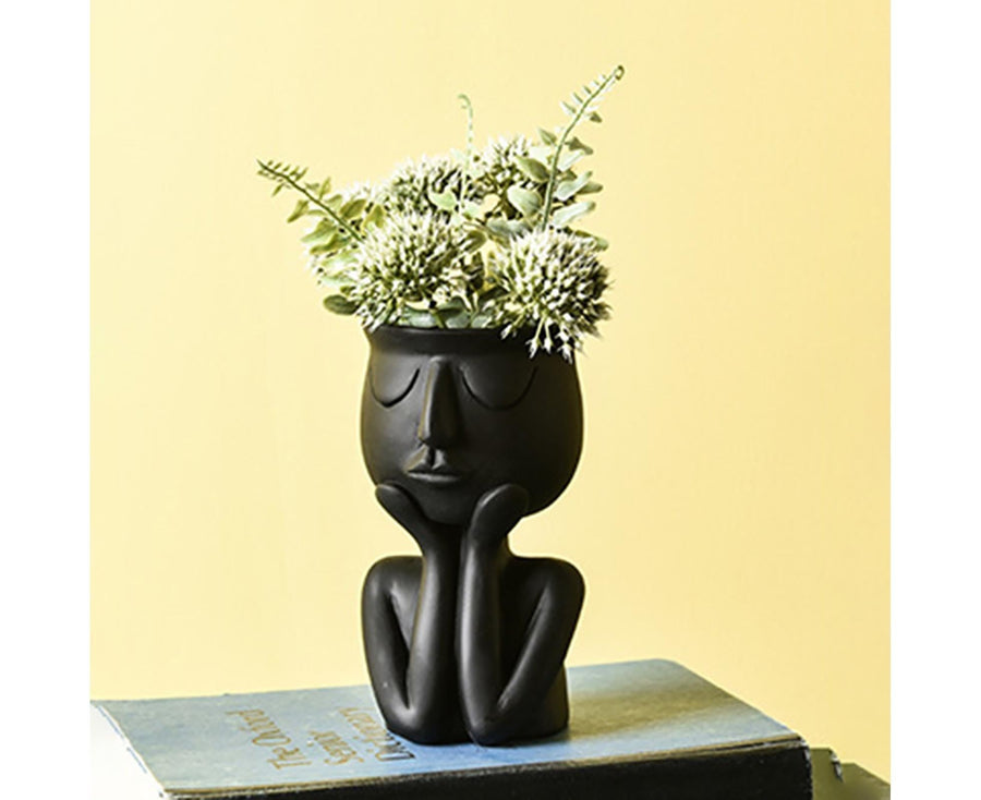 Human Think Face Ceramic Home Plants Flower Pot Vase Planter Tabletop Decoration-Red