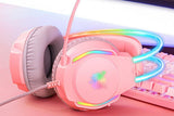 Gaming Headset with Mic Over Ear Headphone Lightweight Headphones with RGB Frame Gaming Headphones -Pink - Front View